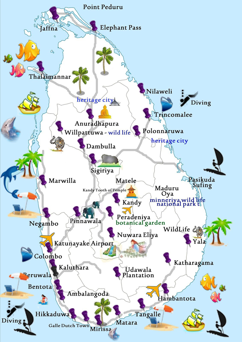 Карта Шри ланки. Курорты